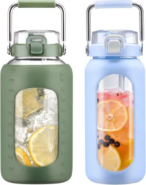 BLUEGO 84oz and 64oz Glass Water Bottles Bundle(84 Olive   64 Light Blue) with Straw and Stainless Steel Handle, Large Water Bottle with Sleeve, Half Gallon Water Jug, Glass Water Container, BPA Free