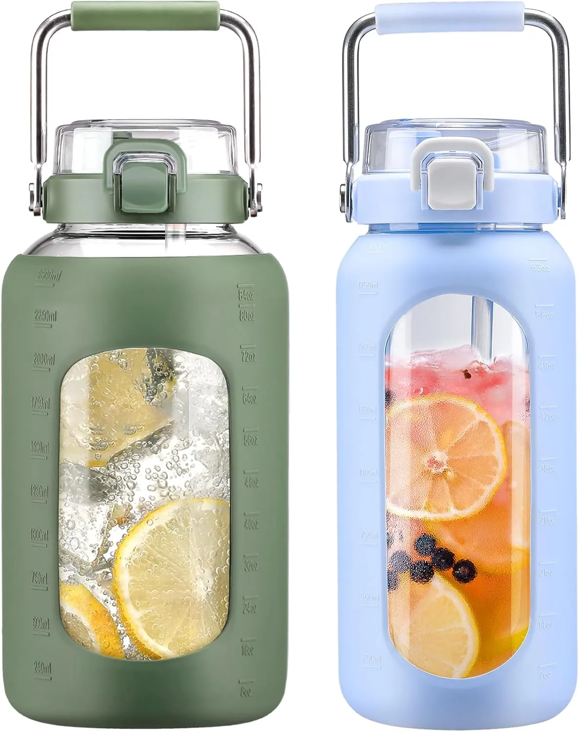 BLUEGO 84oz and 64oz Glass Water Bottles Bundle(84 Olive   64 Light Blue) with Straw and Stainless Steel Handle, Large Water Bottle with Sleeve, Half Gallon Water Jug, Glass Water Container, BPA Free