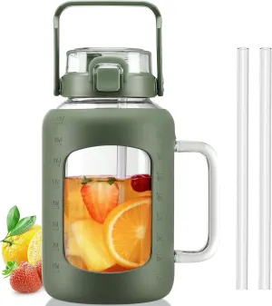BLUEGO Water Bottle 64 oz Tumbler with Lid and Straw, Glass Water Bottle with Straw, Water Tumbler with Handle Half Gallon Water Jug Large Waterbottle for Daily Water Intake, BPA Free, Olive