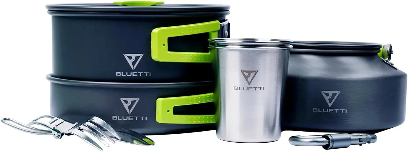 BLUETTI 9pcs Camping Cookware Set– Hard Alumina Camping Cookware with 1.1L Teapot, Frying Pan, Cooking Pot, Stainless Steel Cutlery & 2 Cups – Lightweight, Durable for Camping, Hiking, Picnics