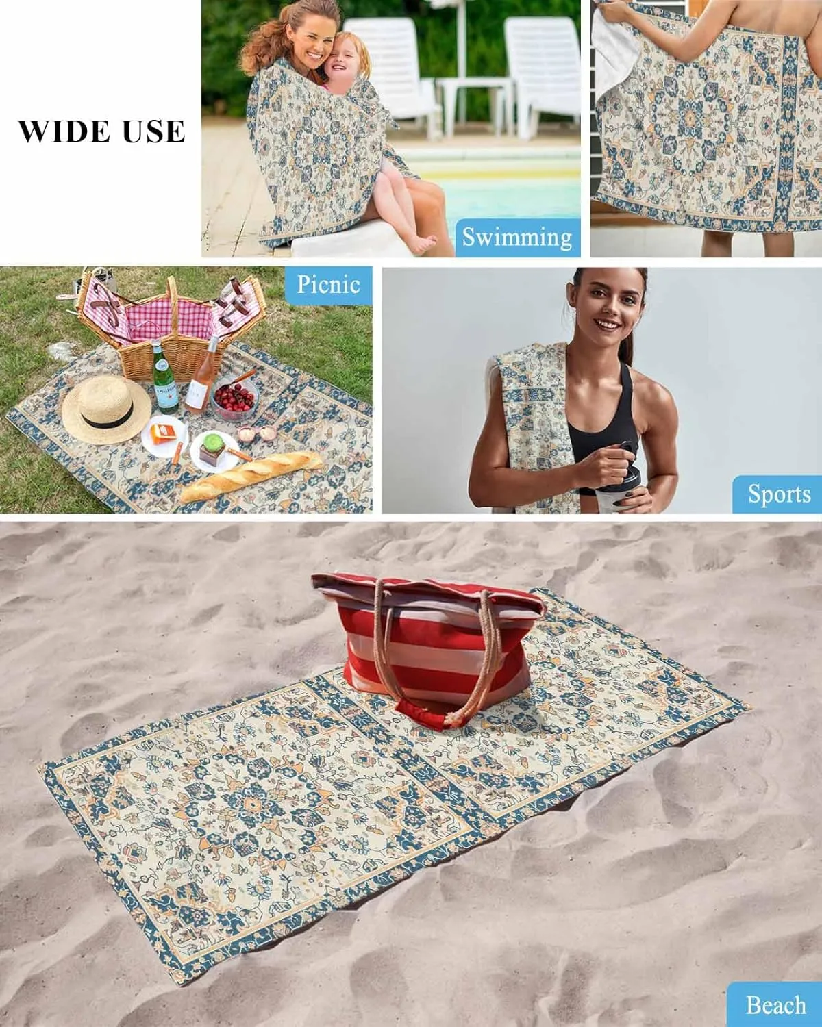 Bohemia Beach Towel 31"x61" Microfiber Beach Towels Oversized Sand Free Quick Dry Beach Towel/Bath Towels/Yoga Towel/Pool Towels/Travel Towel for Women Men Girls Kids-Retro Pattern