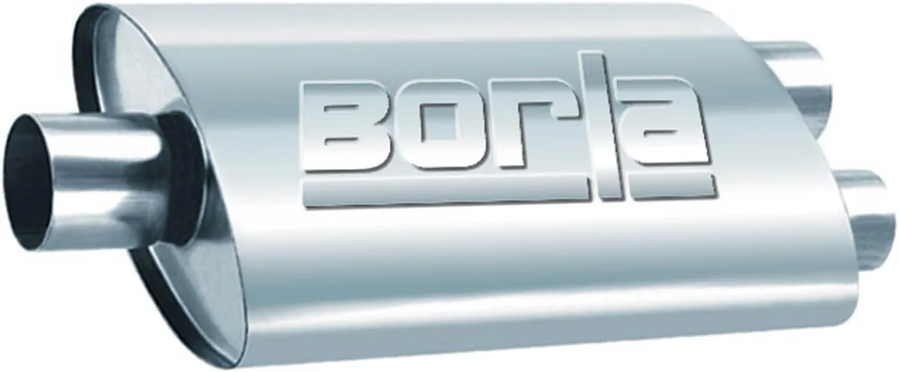 BORLA 40348 ProXS ProXS Muffler 2.5" Center Inlet/ 2.5" Dual Outlet, 4" x 9.5" Oval, 19" Long Body, 25" Overall Length. Universal Part. Reversible Design.