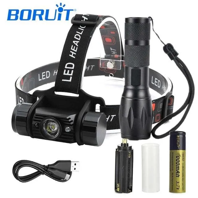 BORUIT Portable Rechargeable Motion Sensor LED Lamp Flashlight USB Charge Head Torch 18650 Battery For Camping Fishing Hunting