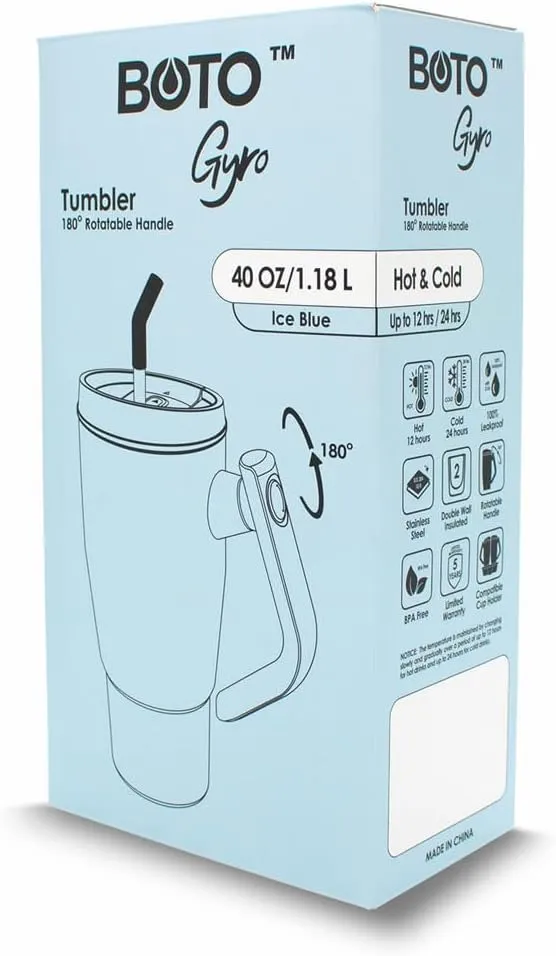 BOTO Tumbler with Handle and Straw | 100% Leak Proof Tumbler, 180° Rotatable Handle, Includes 2 Lids | Water Bottle with Straw, Insulated Tumblers, Stainless Steel