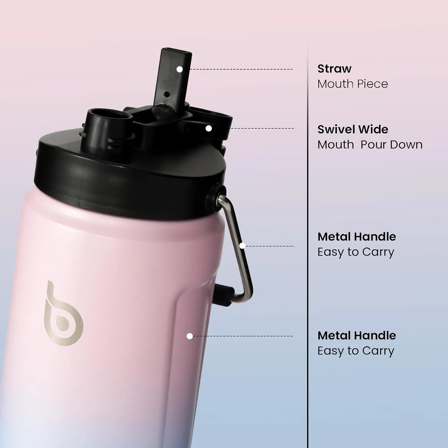 BOTTLE BOTTLE Insulated Water Bottle 64 oz with Straw and Dual-use Lid Half Gallon Water Jug Vacuum Stainless Steel for Workout and Sports Insulated Beer Growler with Handle Pink Blue