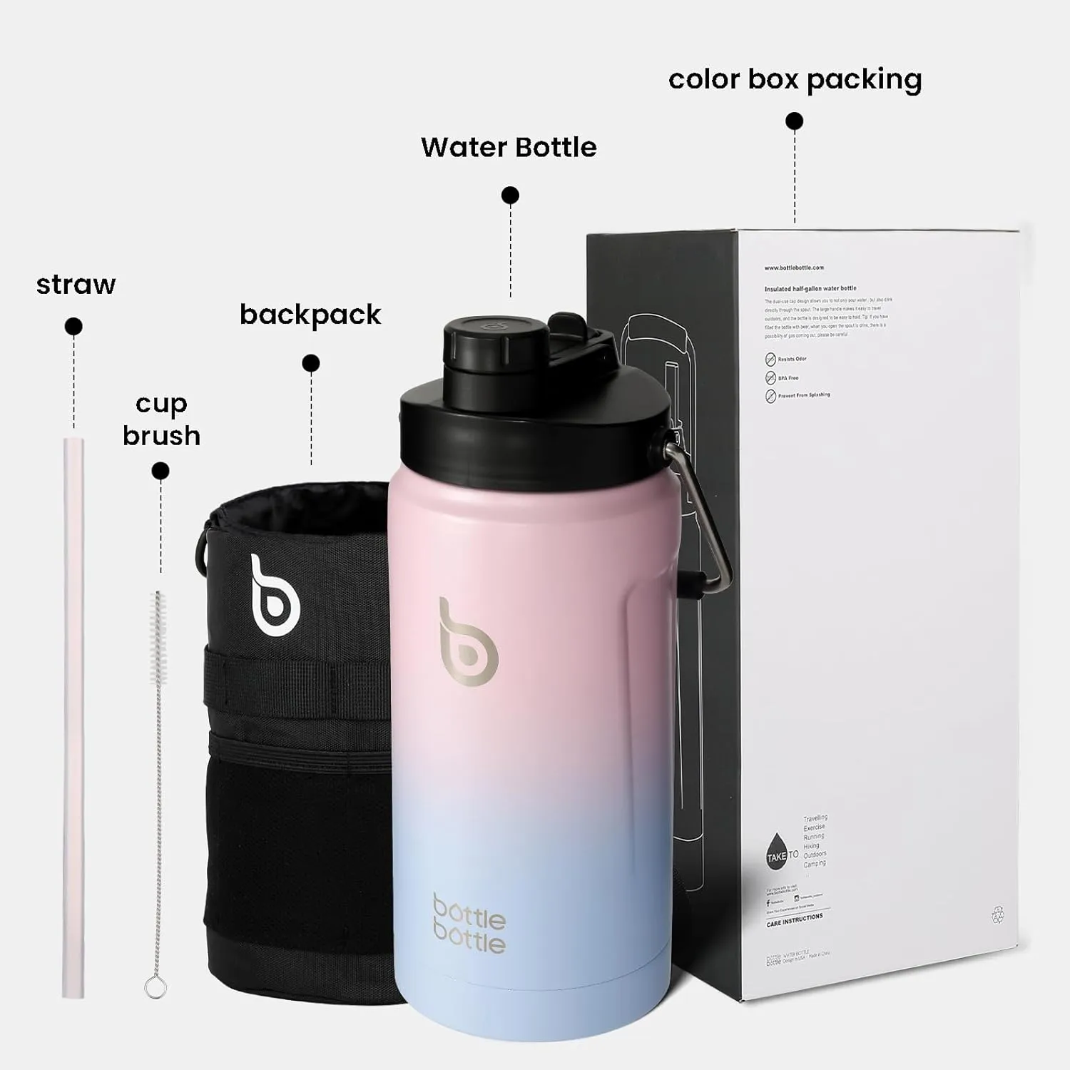 BOTTLE BOTTLE Insulated Water Bottle 64 oz with Straw and Dual-use Lid Half Gallon Water Jug Vacuum Stainless Steel for Workout and Sports Insulated Beer Growler with Handle Pink Blue