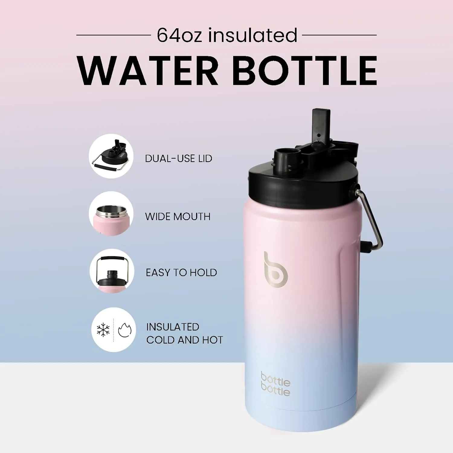 BOTTLE BOTTLE Insulated Water Bottle 64 oz with Straw and Dual-use Lid Half Gallon Water Jug Vacuum Stainless Steel for Workout and Sports Insulated Beer Growler with Handle Pink Blue