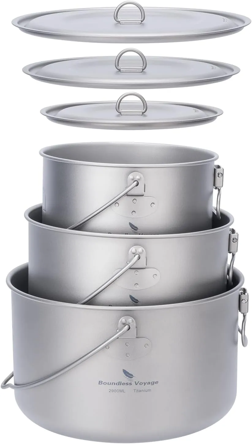 Boundless Voyage Titanium Hanging Pot for Outdoor Camping Backpacking Hiking Ultralight Portable Cooking Pot Camp Kitchen Cookware 1300ML/1950ML/2900ML