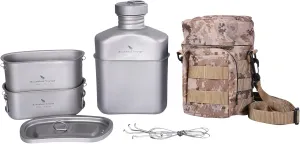 Boundless Voyage Titanium Military Canteen with Camouflage Bags Large Capacity Kidney Shape with Lid and Hanging Chain