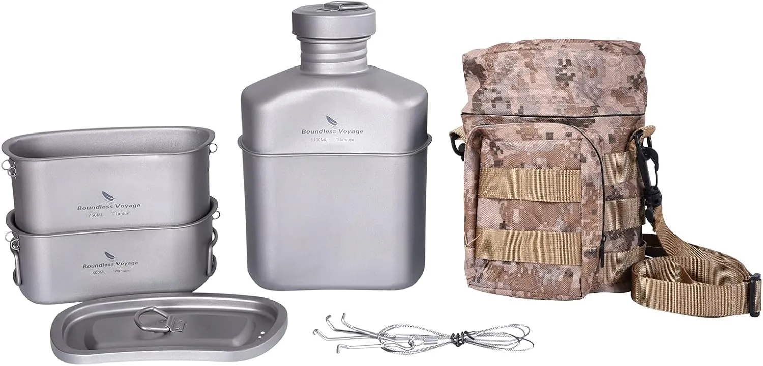 Boundless Voyage Titanium Military Canteen with Camouflage Bags Large Capacity Kidney Shape with Lid and Hanging Chain