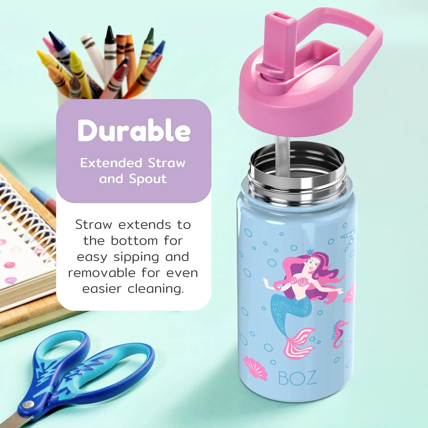 BOZ Kids Insulated Dino Water Bottle with Straw Lid - Two-Pack Bundle, Unicorn and Mermaid Vacuum Double Wall Water Cup, Toddler Stainless Steel Water Bottle, Scratch-resistant 14 oz (414ml)