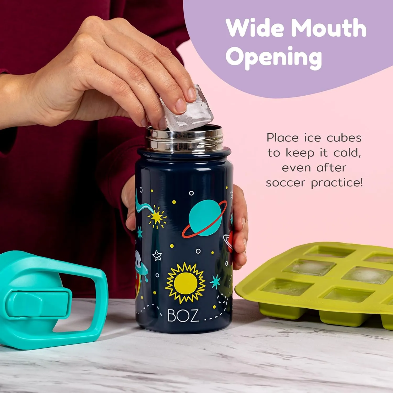 BOZ Kids Insulated Dino Water Bottle with Straw Lid - Two-Pack Bundle, Unicorn and Mermaid Vacuum Double Wall Water Cup, Toddler Stainless Steel Water Bottle, Scratch-resistant 14 oz (414ml)