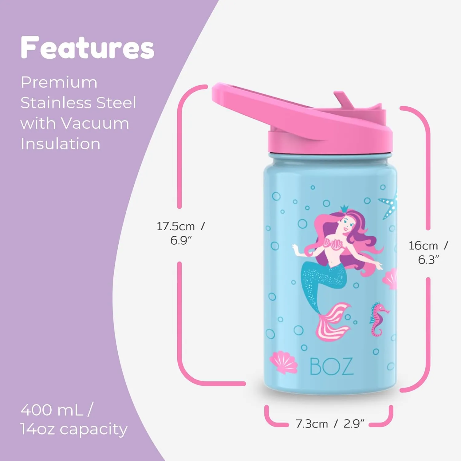 BOZ Kids Insulated Dino Water Bottle with Straw Lid - Two-Pack Bundle, Unicorn and Mermaid Vacuum Double Wall Water Cup, Toddler Stainless Steel Water Bottle, Scratch-resistant 14 oz (414ml)