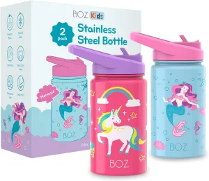 BOZ Kids Insulated Dino Water Bottle with Straw Lid - Two-Pack Bundle, Unicorn and Mermaid Vacuum Double Wall Water Cup, Toddler Stainless Steel Water Bottle, Scratch-resistant 14 oz (414ml)