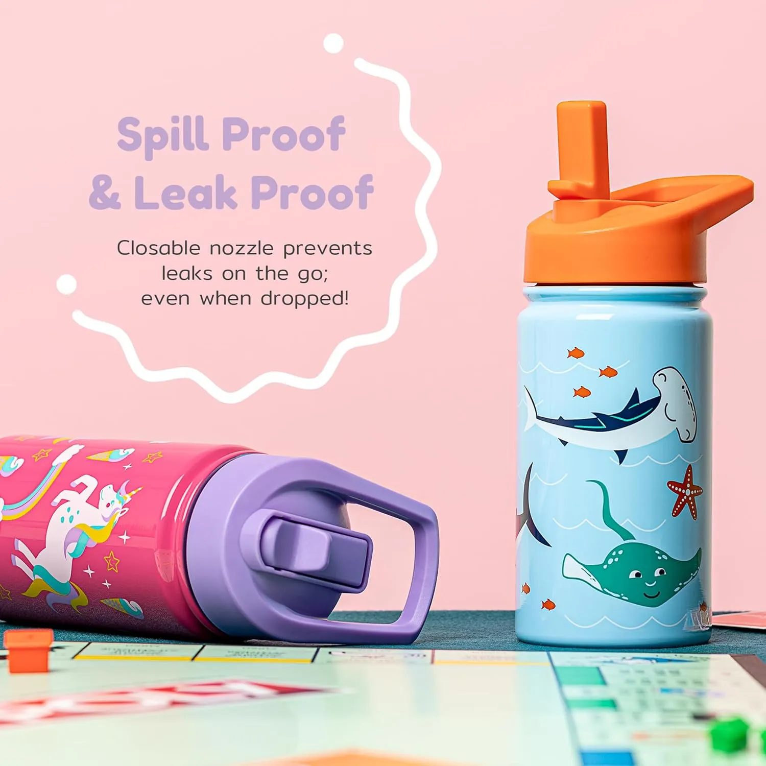 BOZ Kids Insulated Dino Water Bottle with Straw Lid - Two-Pack Bundle, Unicorn and Mermaid Vacuum Double Wall Water Cup, Toddler Stainless Steel Water Bottle, Scratch-resistant 14 oz (414ml)