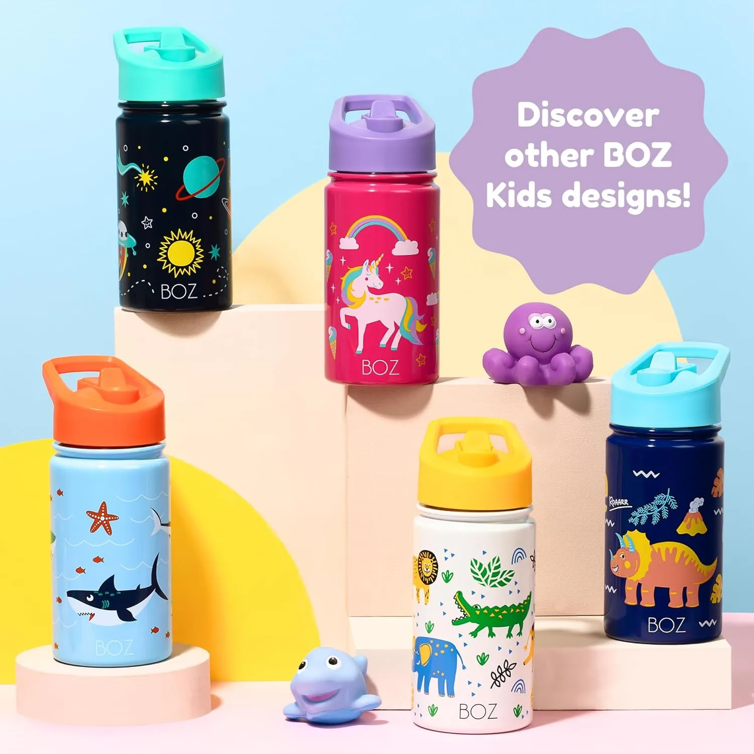 BOZ Kids Insulated Dino Water Bottle with Straw Lid - Two-Pack Bundle, Unicorn and Mermaid Vacuum Double Wall Water Cup, Toddler Stainless Steel Water Bottle, Scratch-resistant 14 oz (414ml)