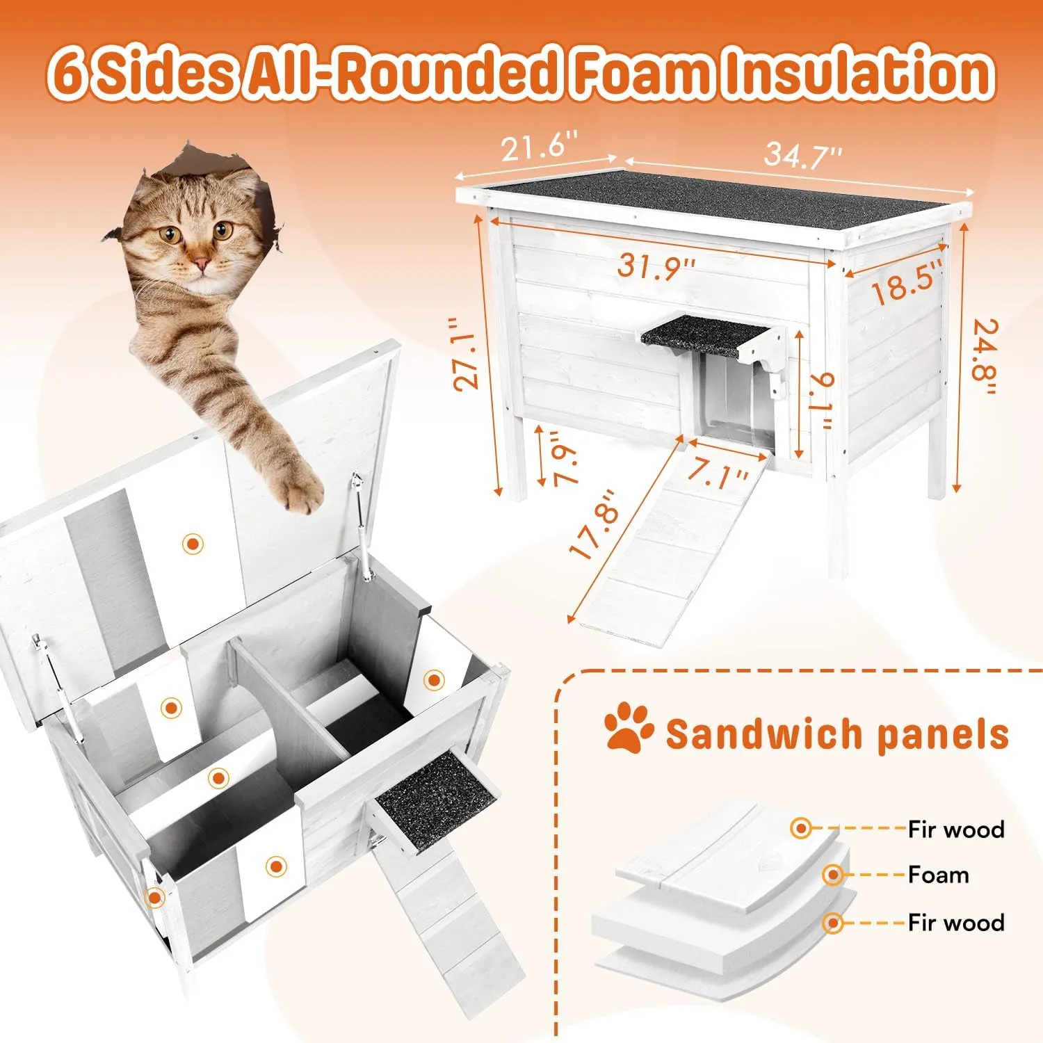 BRIOPAWS Outdoor-Cat-House-Insulated | Feral-Cat-Shelter for Winter | Weatherproof | Large Wooden Pet House for Multiple Cats | Foldable Ladder | Acrylic Side Window | White
