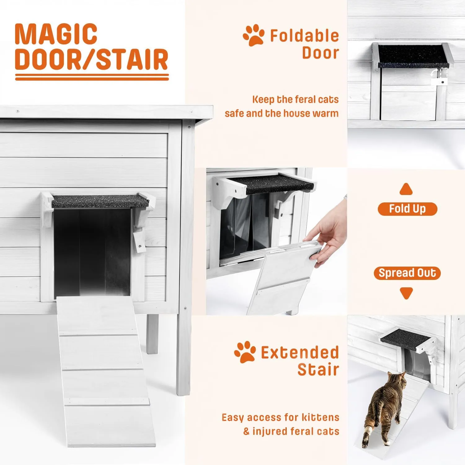 BRIOPAWS Outdoor-Cat-House-Insulated | Feral-Cat-Shelter for Winter | Weatherproof | Large Wooden Pet House for Multiple Cats | Foldable Ladder | Acrylic Side Window | White