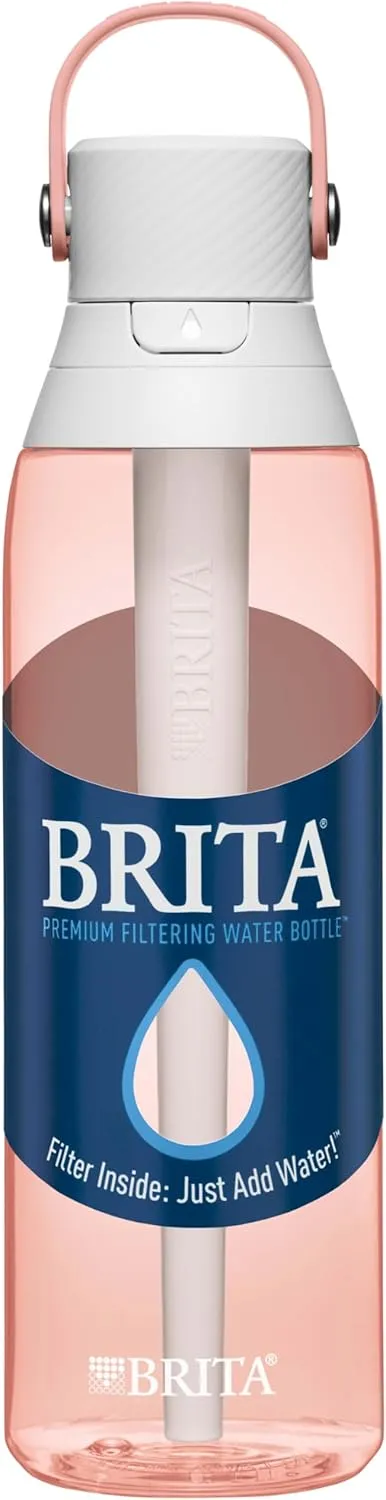 Brita Hard-Sided Plastic Premium Filtering Water Bottle, BPA-Free, Reusable, Replaces 300 Plastic Water Bottles, Filter Lasts 2 Months or 40 Gallons, Includes 1 Filter, Blush - 26 oz.