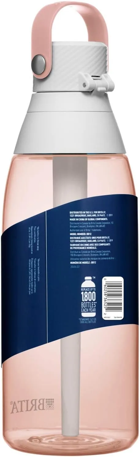 Brita Hard-Sided Plastic Premium Filtering Water Bottle, BPA-Free, Reusable, Replaces 300 Plastic Water Bottles, Filter Lasts 2 Months or 40 Gallons, Includes 1 Filter, Blush - 26 oz.