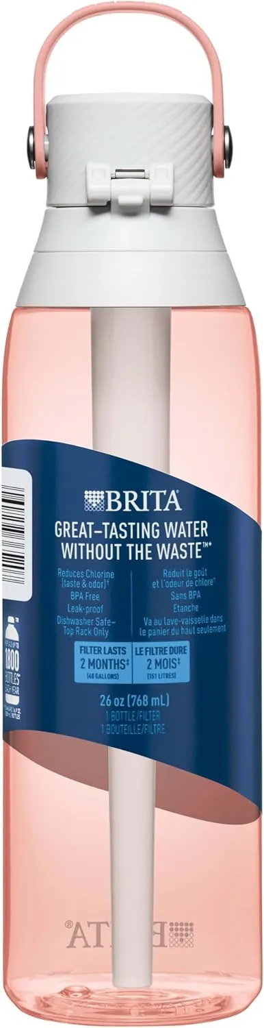 Brita Hard-Sided Plastic Premium Filtering Water Bottle, BPA-Free, Reusable, Replaces 300 Plastic Water Bottles, Filter Lasts 2 Months or 40 Gallons, Includes 1 Filter, Blush - 26 oz.