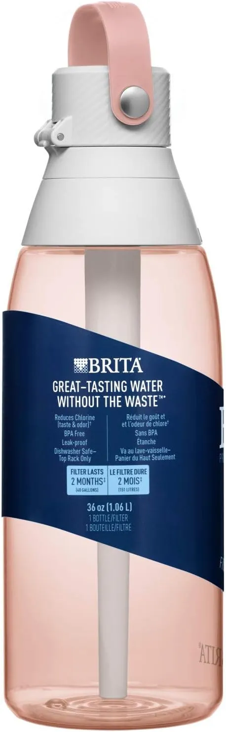 Brita Hard-Sided Plastic Premium Filtering Water Bottle, BPA-Free, Reusable, Replaces 300 Plastic Water Bottles, Filter Lasts 2 Months or 40 Gallons, Includes 1 Filter, Blush - 26 oz.