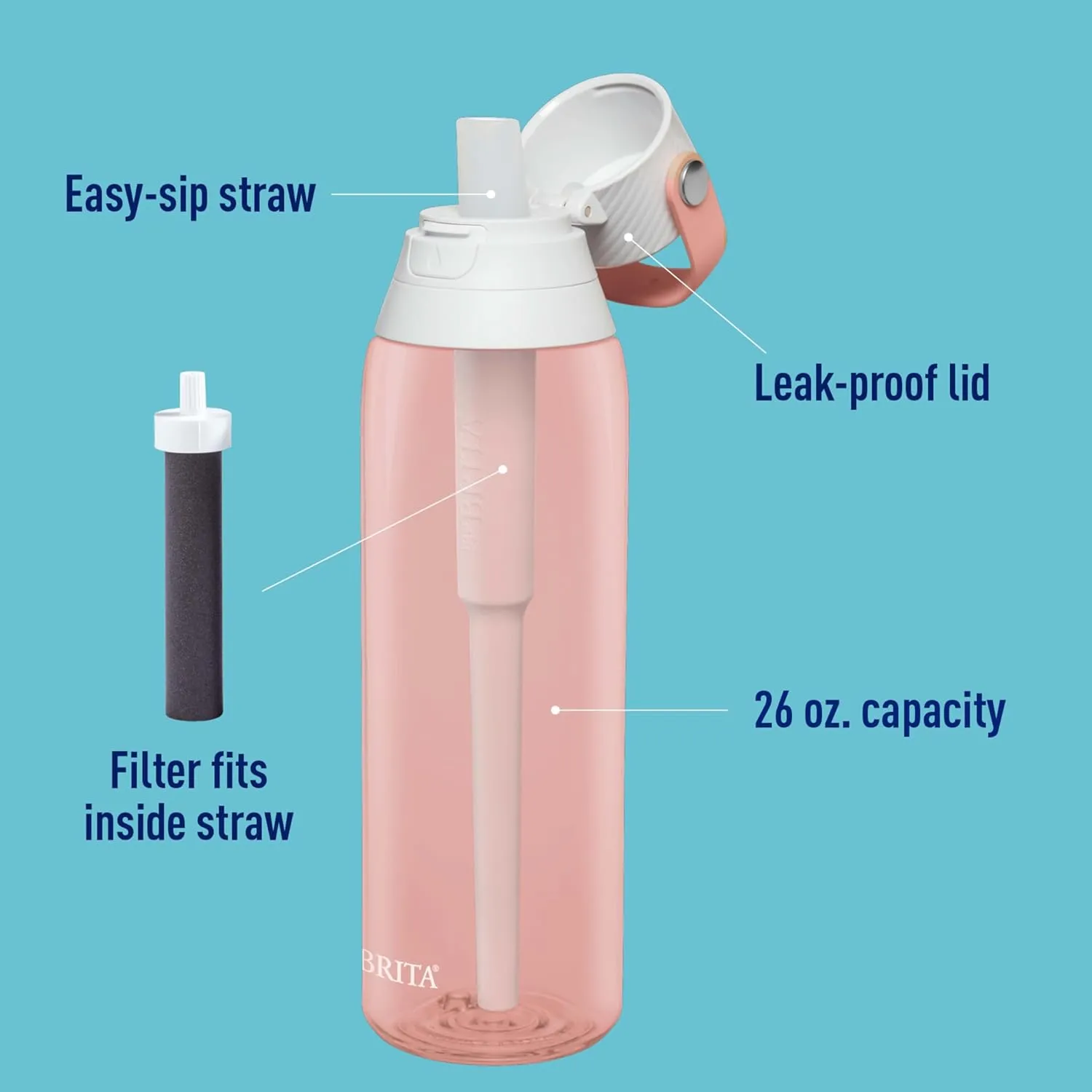 Brita Hard-Sided Plastic Premium Filtering Water Bottle, BPA-Free, Reusable, Replaces 300 Plastic Water Bottles, Filter Lasts 2 Months or 40 Gallons, Includes 1 Filter, Blush - 26 oz.