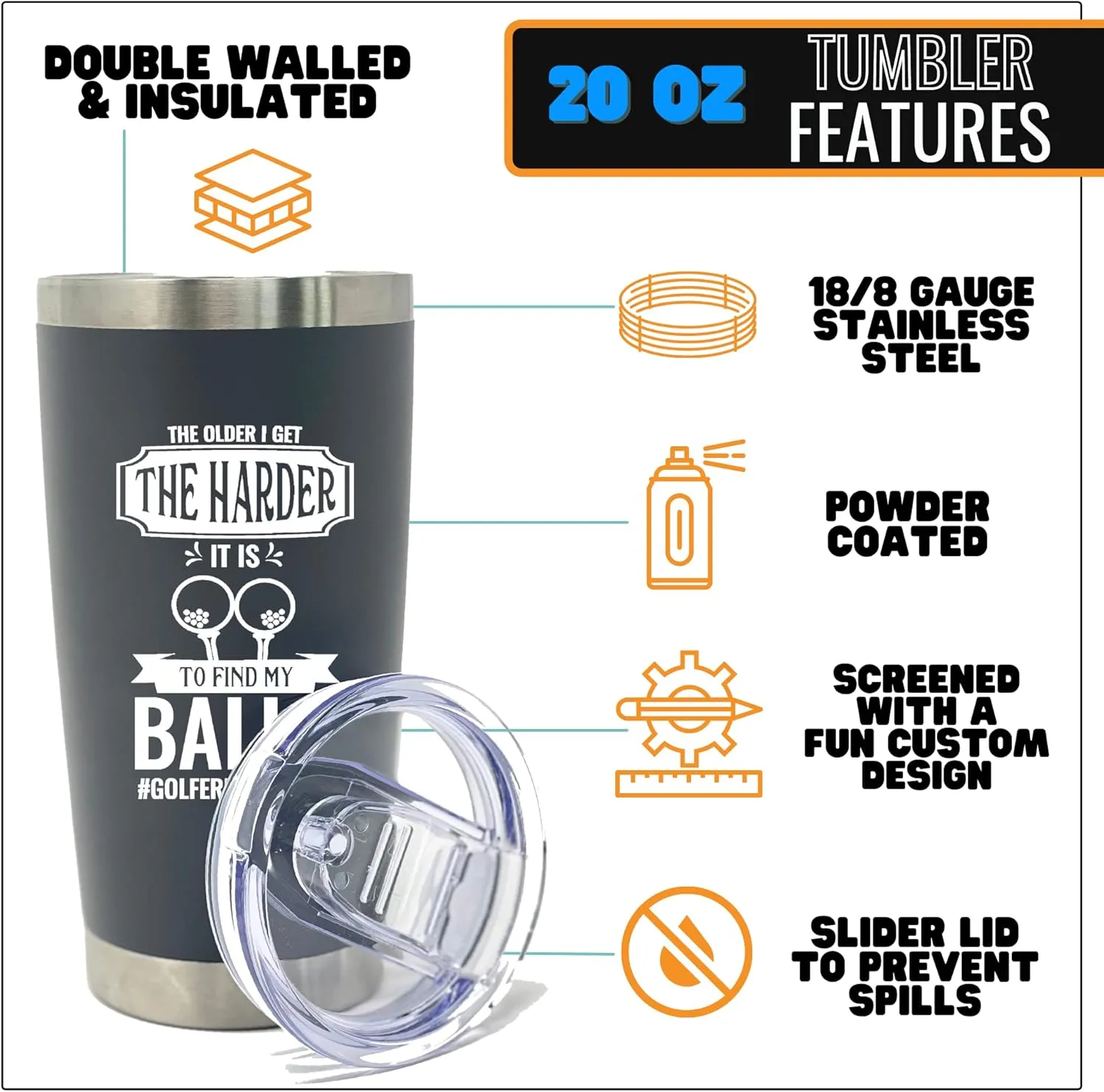 Brooke & Jess Designs - Find My Balls 20 oz Golfer Multipurpose Insulated Water Bottle Tumbler Travel Coffee Mug - Golf Gifts for Men, Golf Stuff Gifts for Fathers Day, Birthday Gifts for Dad