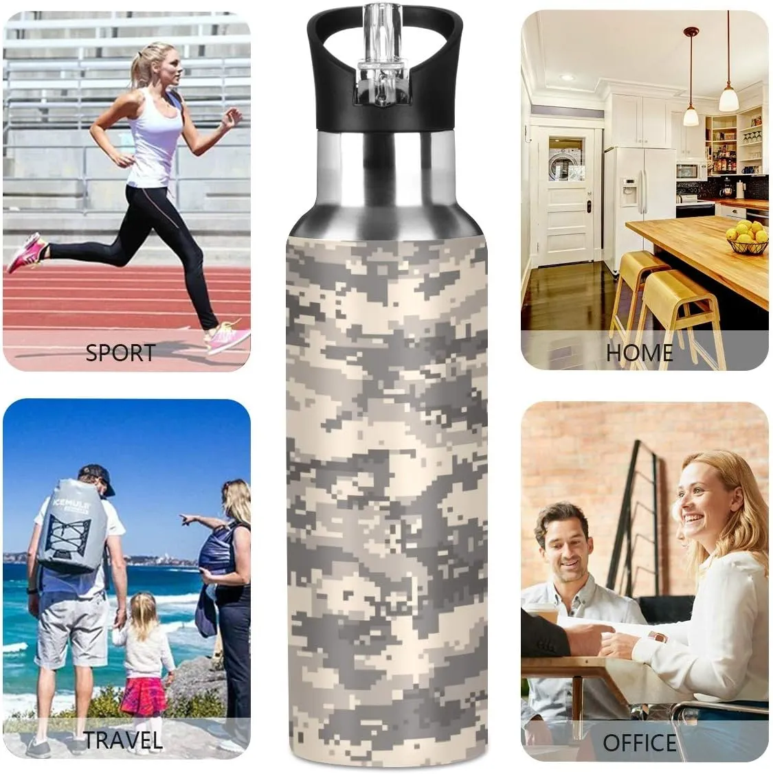 Brown Desert Digital Camouflage Stainless Steel Water Bottle 2-Layered Vacuum Insulated Containers Keeps Drinks Cold with No Condensation - BPA Free Water Bottle, 22oz