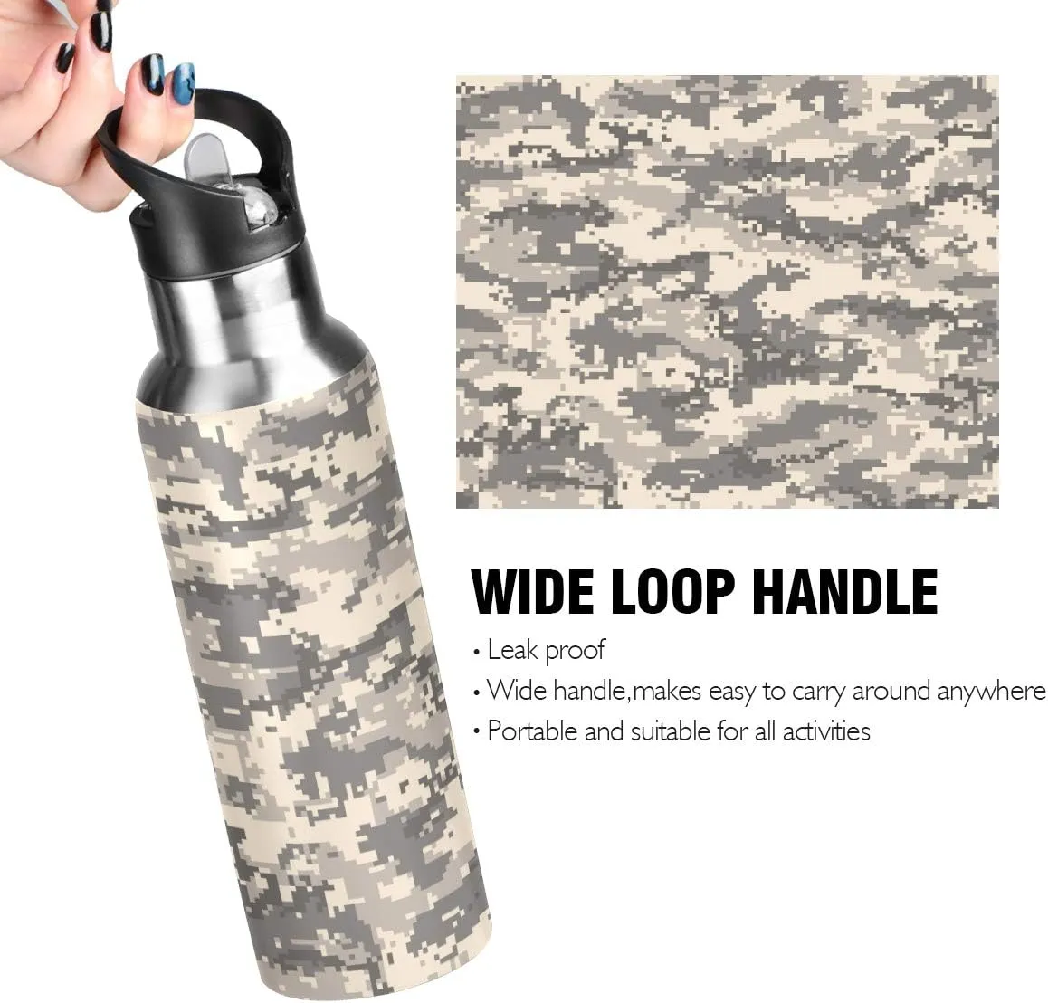 Brown Desert Digital Camouflage Stainless Steel Water Bottle 2-Layered Vacuum Insulated Containers Keeps Drinks Cold with No Condensation - BPA Free Water Bottle, 22oz