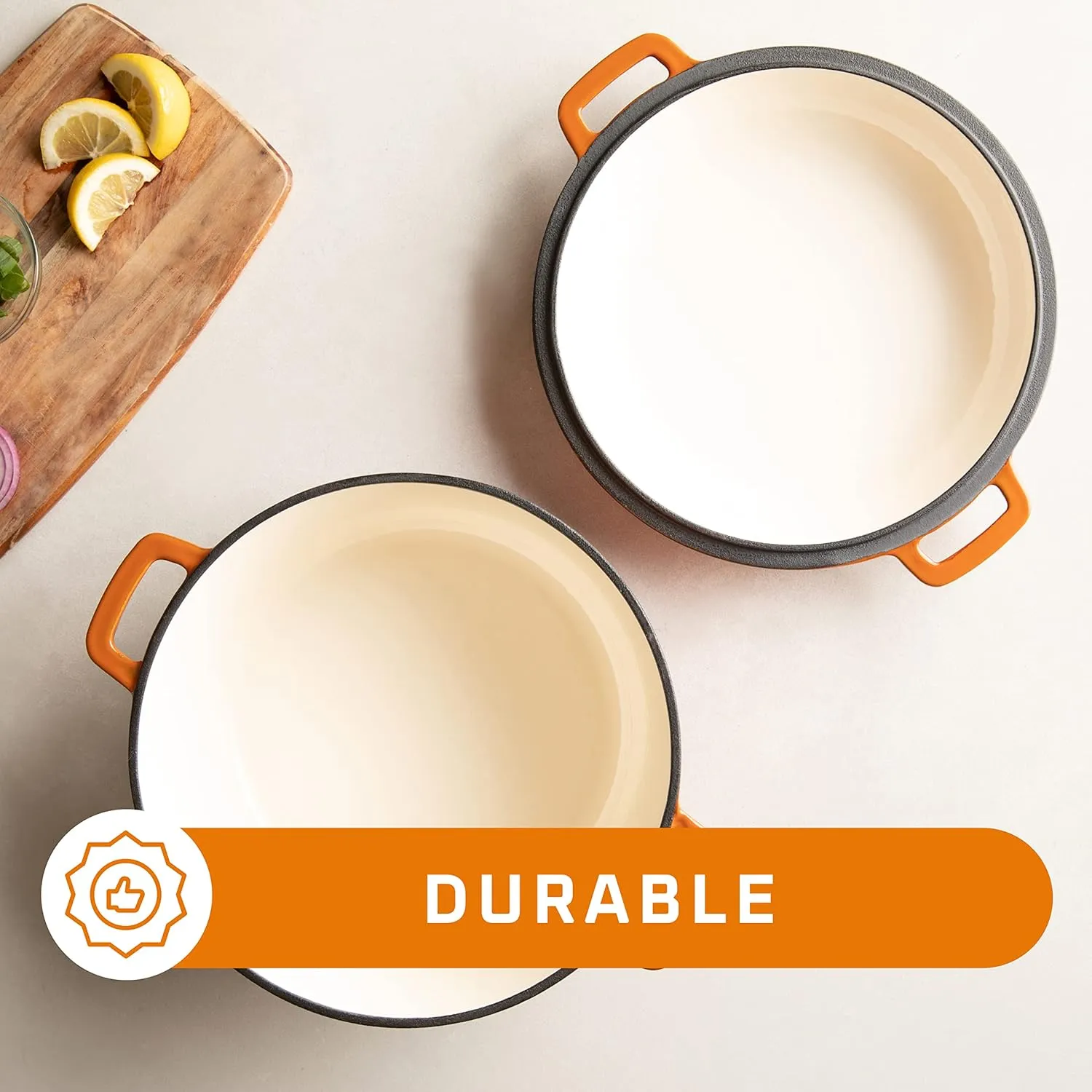 Bruntmor 2-in-1 Enamel Cast Iron Dutch Oven With Handles - Crock Pot Pumpkin Spice Orange Cast Iron Pot with Skillet lid-All-in-1 Cookware Braising Pan for Casserole Dish-5 Quart Pumpkin Spice Orange
