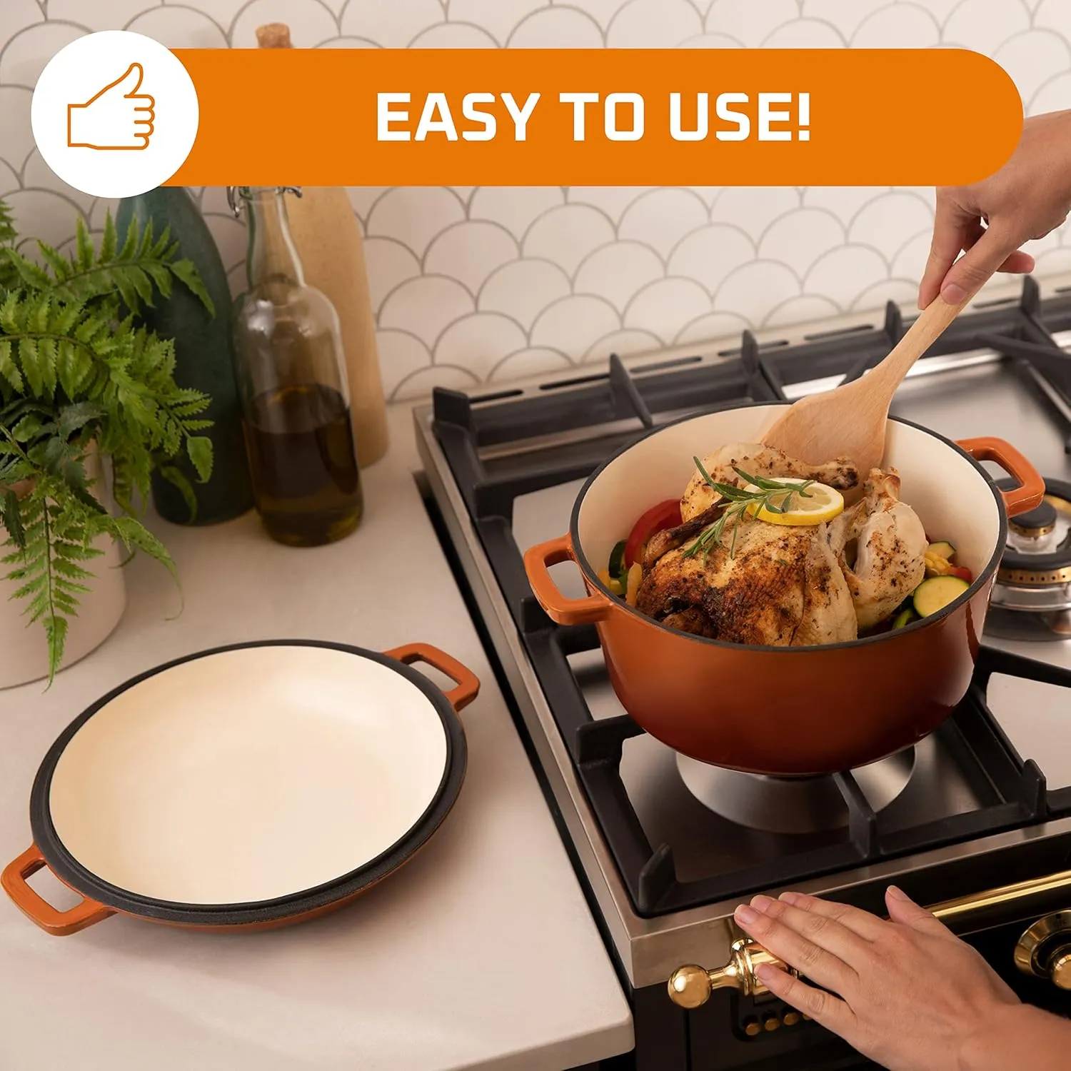 Bruntmor 2-in-1 Enamel Cast Iron Dutch Oven With Handles - Crock Pot Pumpkin Spice Orange Cast Iron Pot with Skillet lid-All-in-1 Cookware Braising Pan for Casserole Dish-5 Quart Pumpkin Spice Orange