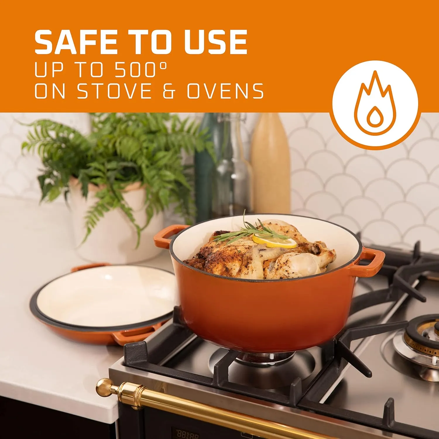 Bruntmor 2-in-1 Enamel Cast Iron Dutch Oven With Handles - Crock Pot Pumpkin Spice Orange Cast Iron Pot with Skillet lid-All-in-1 Cookware Braising Pan for Casserole Dish-5 Quart Pumpkin Spice Orange
