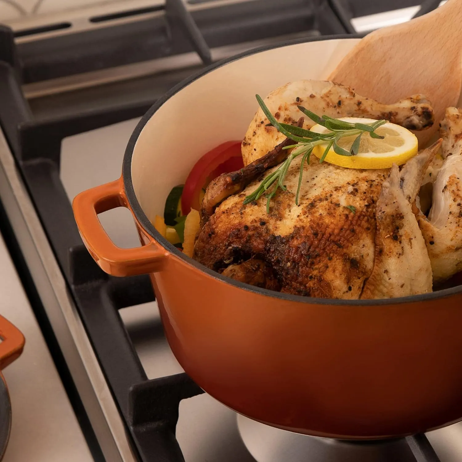 Bruntmor 2-in-1 Enamel Cast Iron Dutch Oven With Handles - Crock Pot Pumpkin Spice Orange Cast Iron Pot with Skillet lid-All-in-1 Cookware Braising Pan for Casserole Dish-5 Quart Pumpkin Spice Orange
