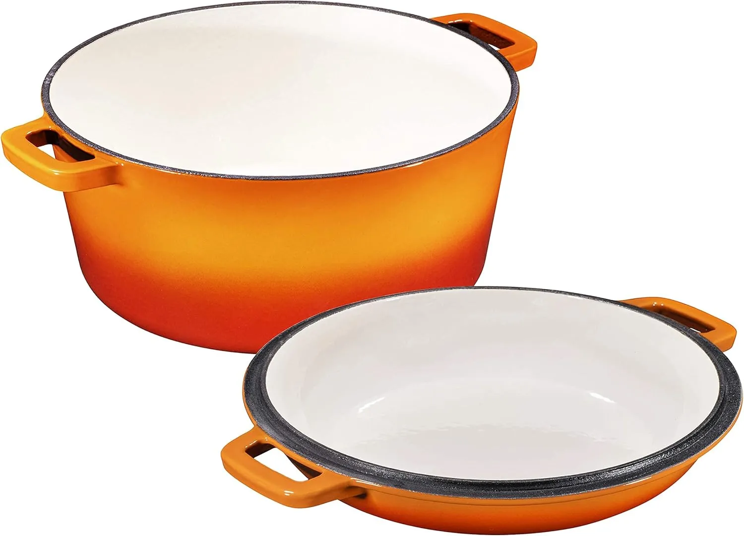 Bruntmor 2-in-1 Enamel Cast Iron Dutch Oven With Handles - Crock Pot Pumpkin Spice Orange Cast Iron Pot with Skillet lid-All-in-1 Cookware Braising Pan for Casserole Dish-5 Quart Pumpkin Spice Orange