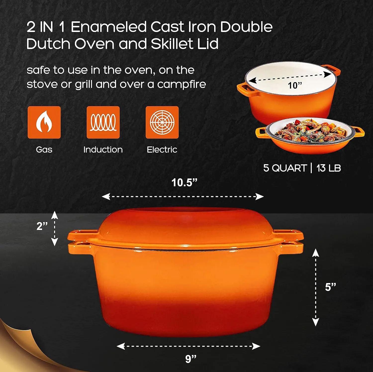 Bruntmor 2-in-1 Enamel Cast Iron Dutch Oven With Handles - Crock Pot Pumpkin Spice Orange Cast Iron Pot with Skillet lid-All-in-1 Cookware Braising Pan for Casserole Dish-5 Quart Pumpkin Spice Orange