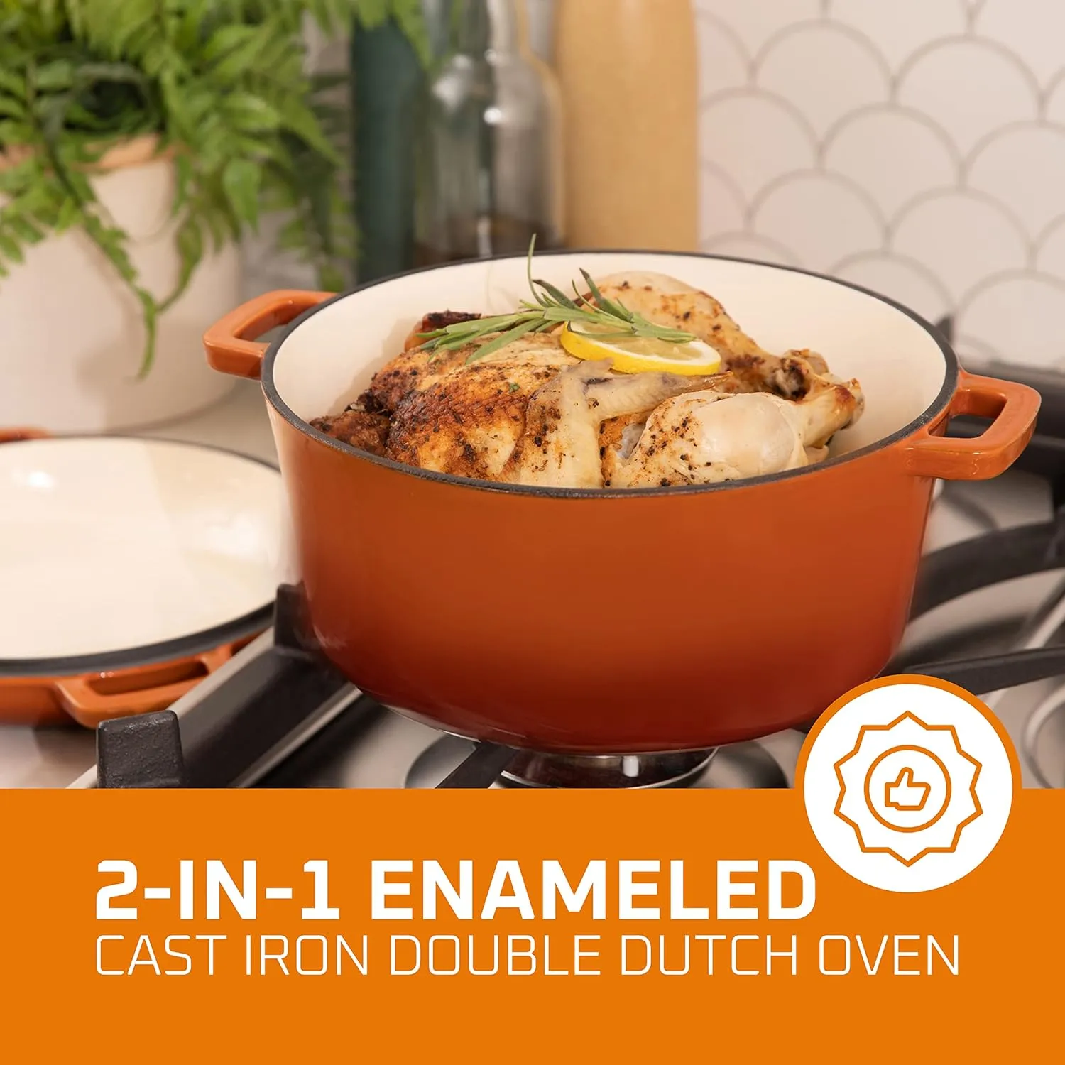 Bruntmor 2-in-1 Enamel Cast Iron Dutch Oven With Handles - Crock Pot Pumpkin Spice Orange Cast Iron Pot with Skillet lid-All-in-1 Cookware Braising Pan for Casserole Dish-5 Quart Pumpkin Spice Orange