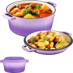 Bruntmor 2-in-1 Enamel Cast Iron Dutch Oven with Handles - Crock Pot Purple Cast Iron Pot with Skillet lid - All-in-One Cookware Braising Pan for Casserole Dish - 5 Quart, Purple