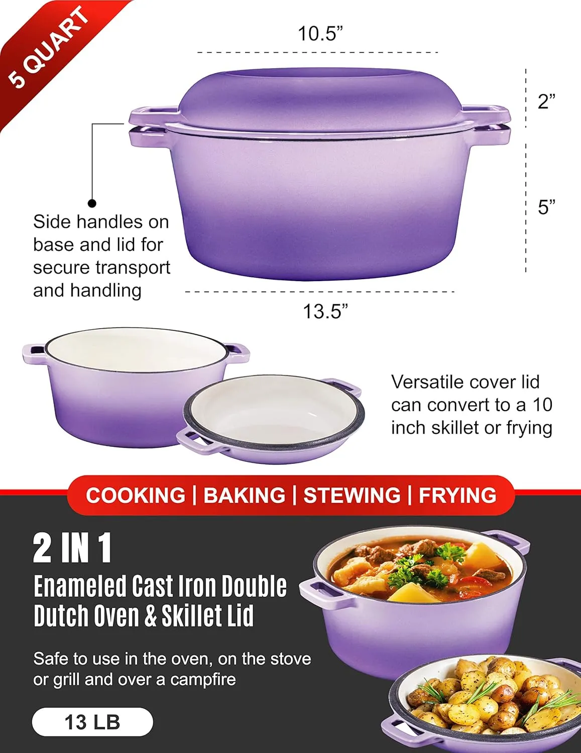 Bruntmor 2-in-1 Enamel Cast Iron Dutch Oven with Handles - Crock Pot Purple Cast Iron Pot with Skillet lid - All-in-One Cookware Braising Pan for Casserole Dish - 5 Quart, Purple
