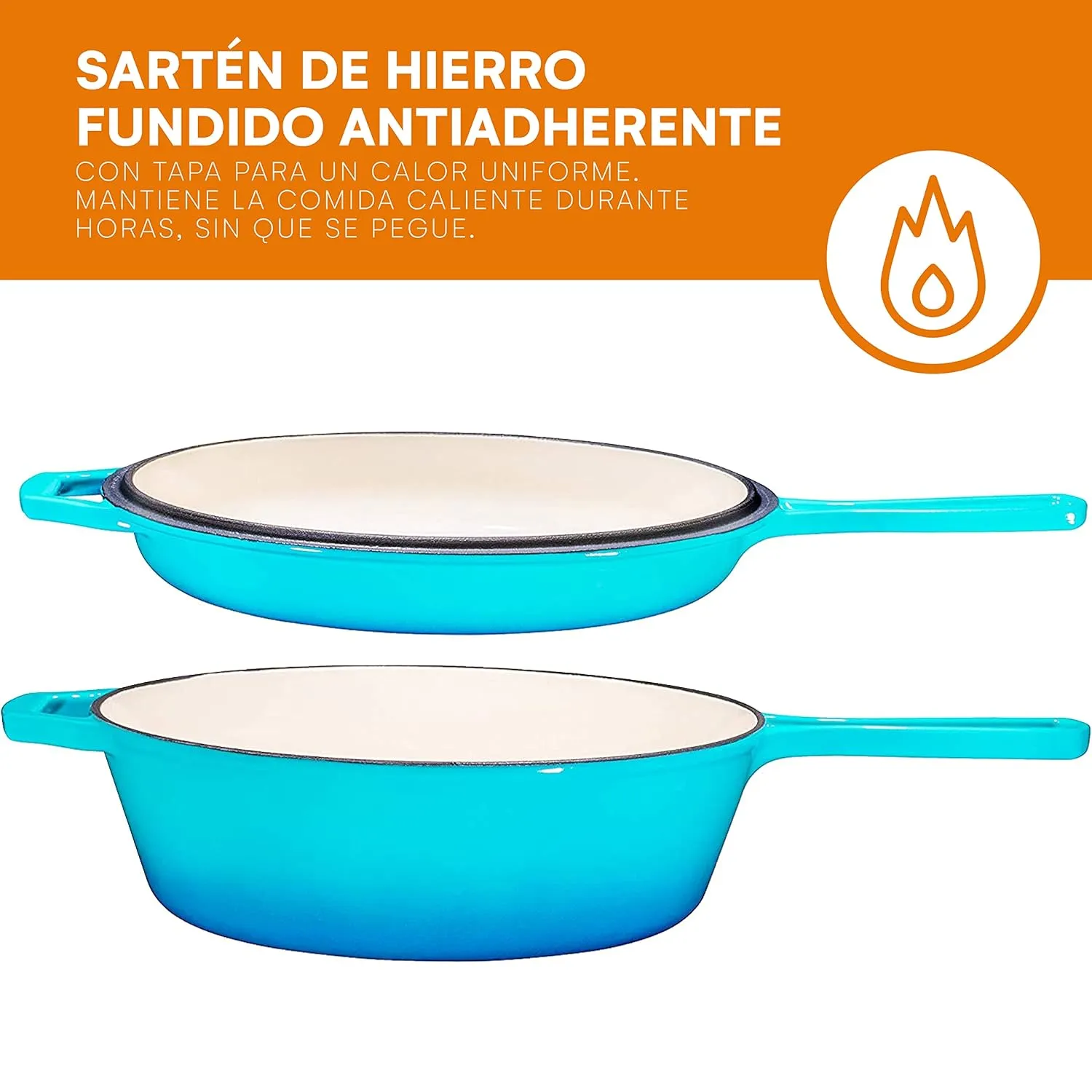 Bruntmor 2 in 1 Enameled cast iron pot with lid, 3QT Cast Iron Dutch Oven & Skillet Combo, Enameled Cast Iron Cookware with Lid, Perfect for Braising, Casseroles and Slow Cooking - Caribbean Blue