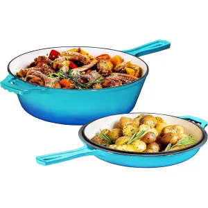 Bruntmor 2 in 1 Enameled cast iron pot with lid, 3QT Cast Iron Dutch Oven & Skillet Combo, Enameled Cast Iron Cookware with Lid, Perfect for Braising, Casseroles and Slow Cooking - Caribbean Blue