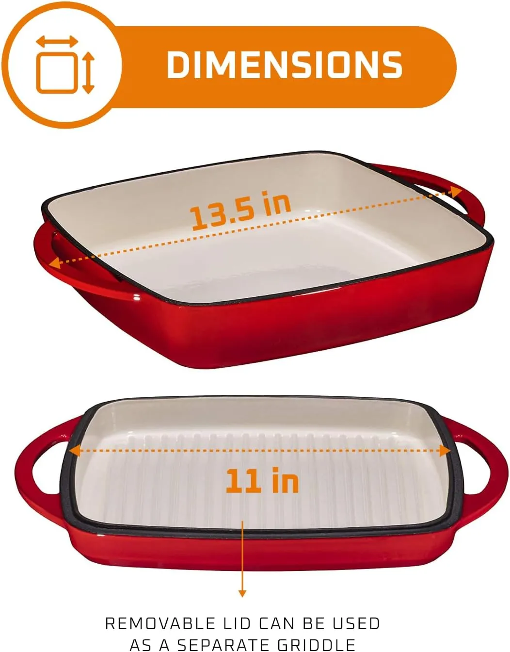 Bruntmor 2-in-1 Square Enameled Cast Iron Dutch Oven Baking Pan and Gridle Lid with Dual Handles, Cast Iron Skillet lid, Coating Gridle for Baking, Bacon,Steaks - Red