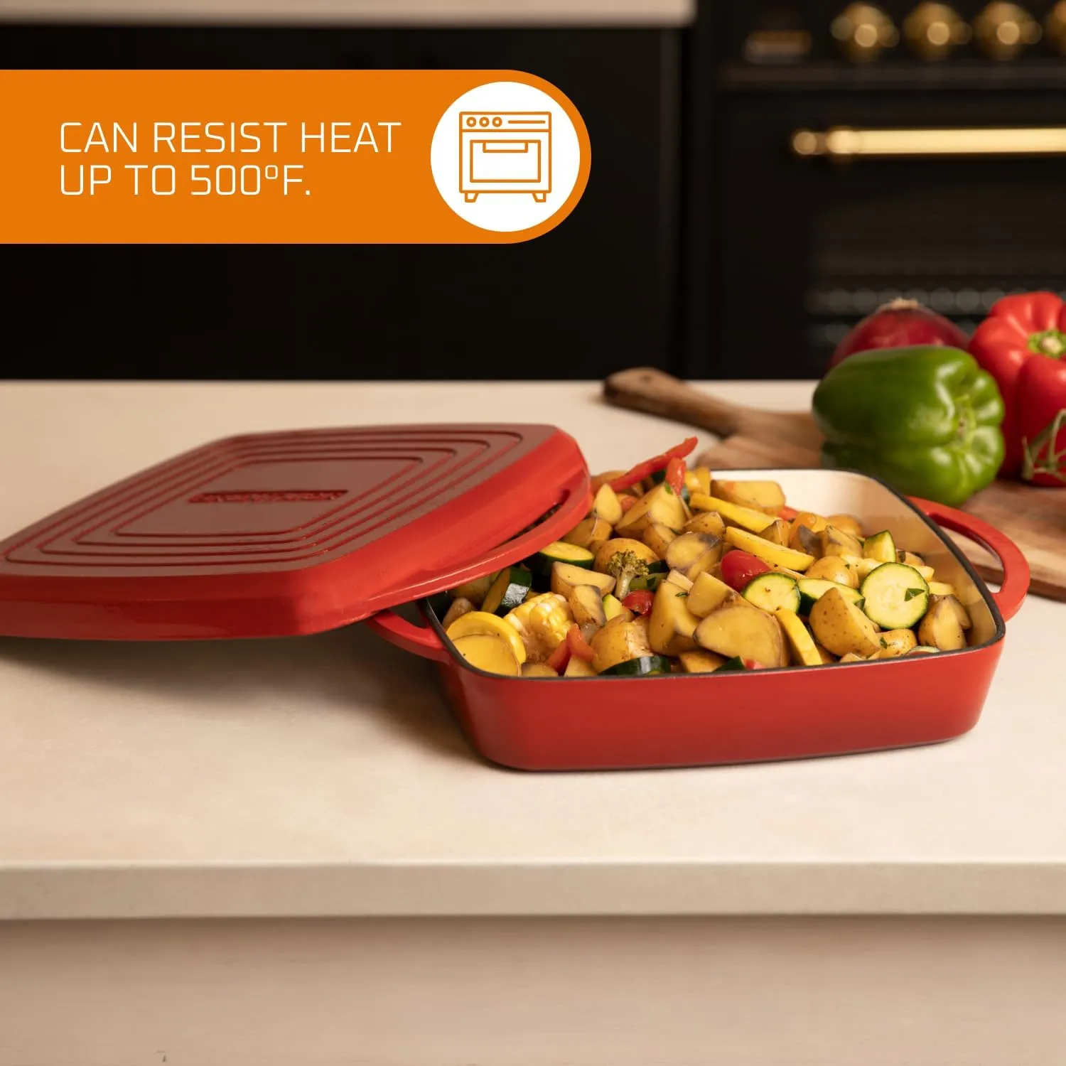 Bruntmor 2-in-1 Square Enameled Cast Iron Dutch Oven Baking Pan and Gridle Lid with Dual Handles, Cast Iron Skillet lid, Coating Gridle for Baking, Bacon,Steaks - Red