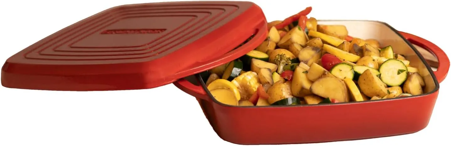 Bruntmor 2-in-1 Square Enameled Cast Iron Dutch Oven Baking Pan and Gridle Lid with Dual Handles, Cast Iron Skillet lid, Coating Gridle for Baking, Bacon,Steaks - Red