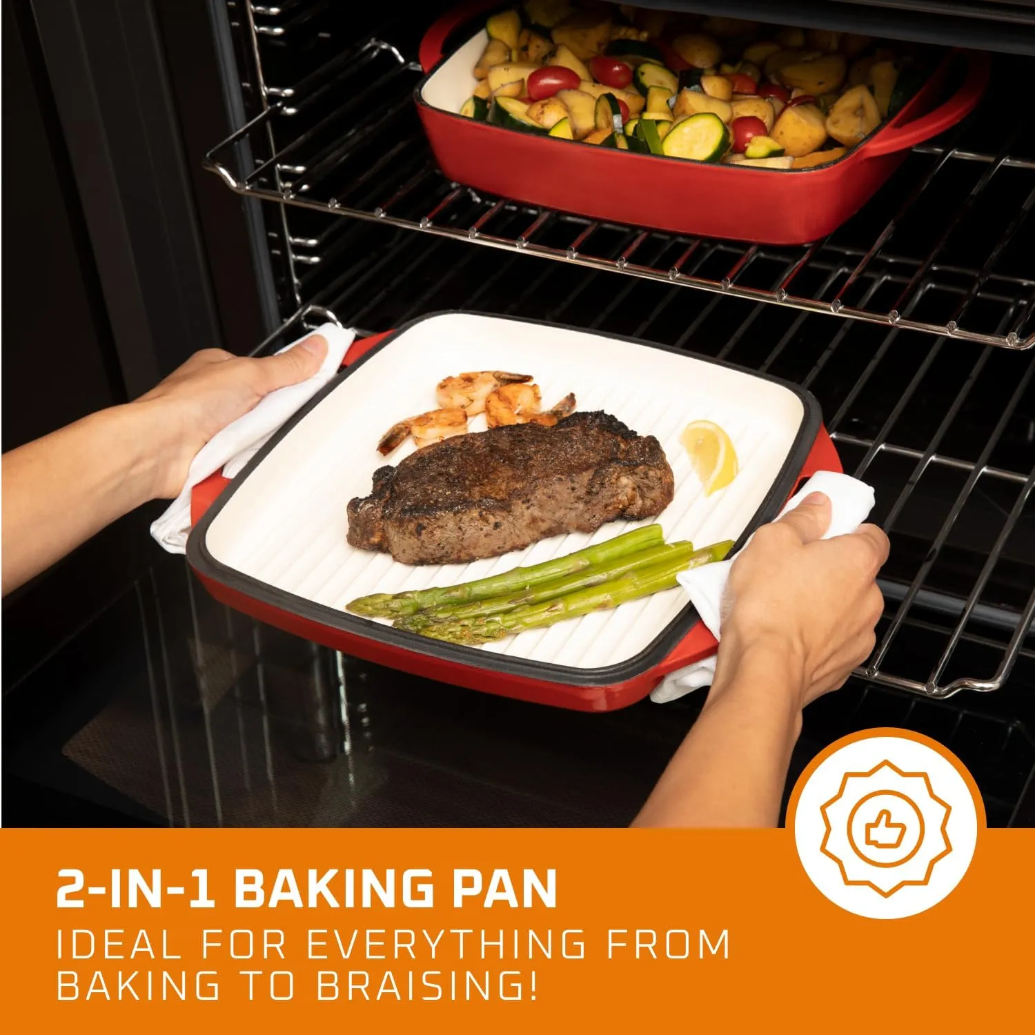 Bruntmor 2-in-1 Square Enameled Cast Iron Dutch Oven Baking Pan and Gridle Lid with Dual Handles, Cast Iron Skillet lid, Coating Gridle for Baking, Bacon,Steaks - Red