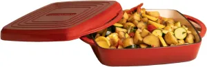 Bruntmor 2-in-1 Square Enameled Cast Iron Dutch Oven Baking Pan and Gridle Lid with Dual Handles, Cast Iron Skillet lid, Coating Gridle for Baking, Bacon,Steaks - Red