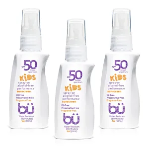 bu SPF 50 Sunscreen Spray - Nature's Sun Block. Biodegradable. Water Resistant. TSA Approved. Vegan. Alcohol & Cruelty Free | Fragrance Free Kids - 1 oz (3 Pack)