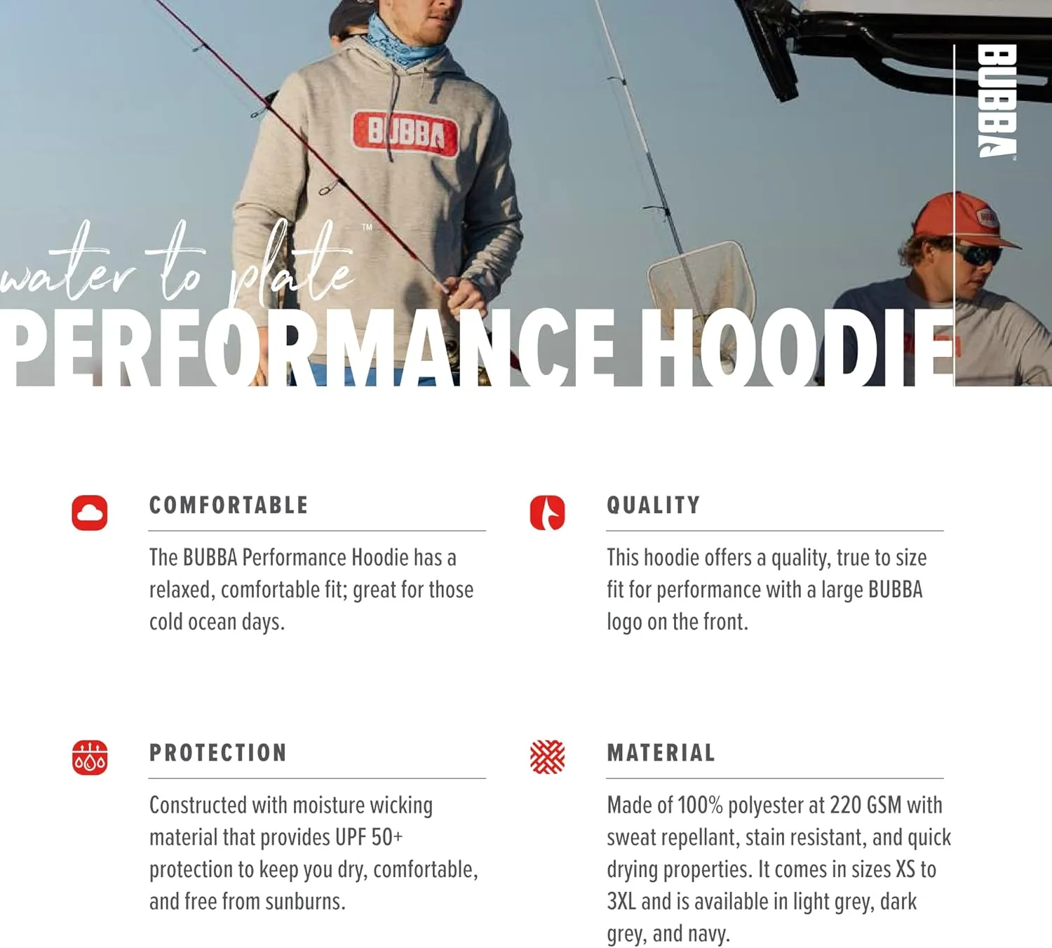 BUBBA Performance Fishing Hoodie with Moisture Repellent - UPF 50  Sun Protection - Moisture Wicking - Fishing, Hiking