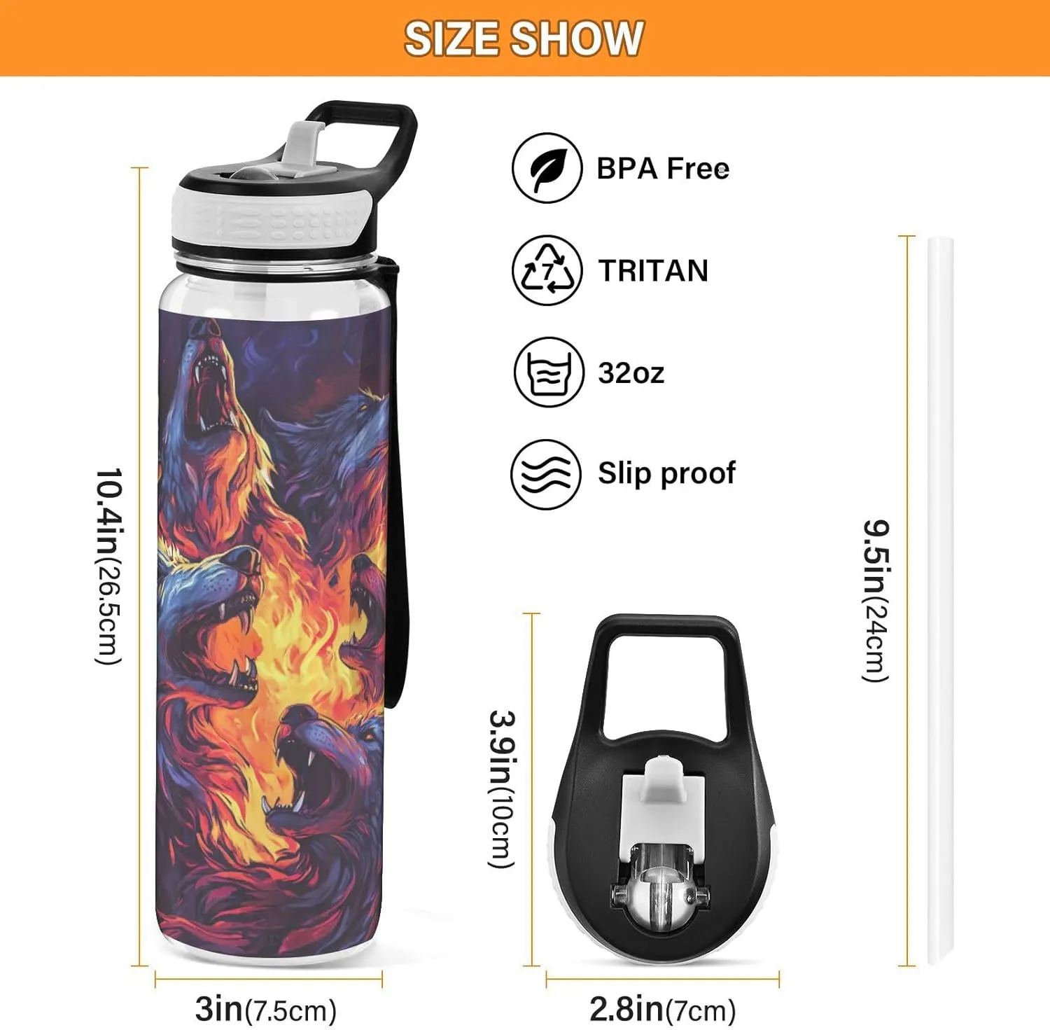 Burning Wolves Flames 32 Oz Water Bottle Straw BPA-Free Water Jugs for Drinking for Outdoor Sports