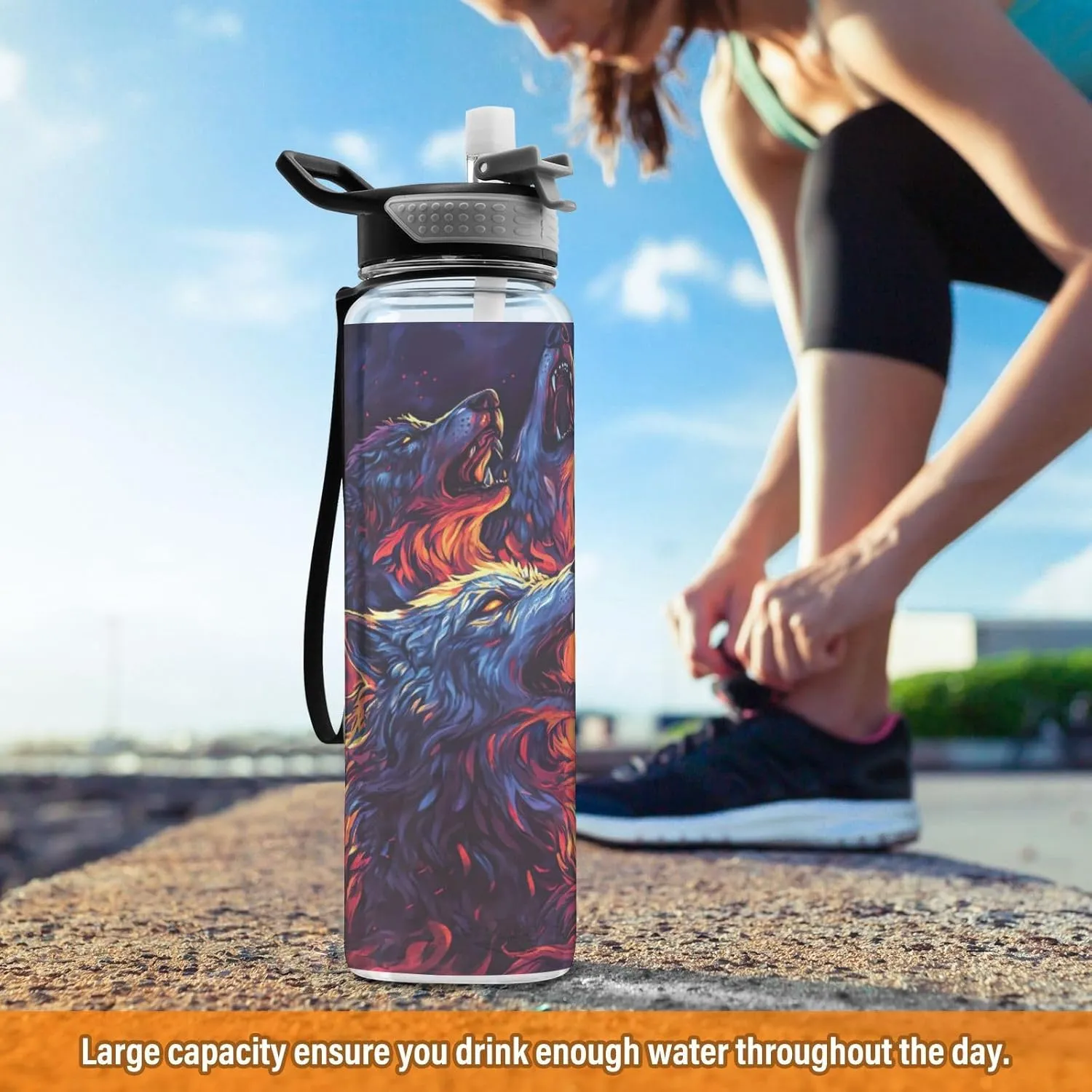 Burning Wolves Flames 32 Oz Water Bottle Straw BPA-Free Water Jugs for Drinking for Outdoor Sports